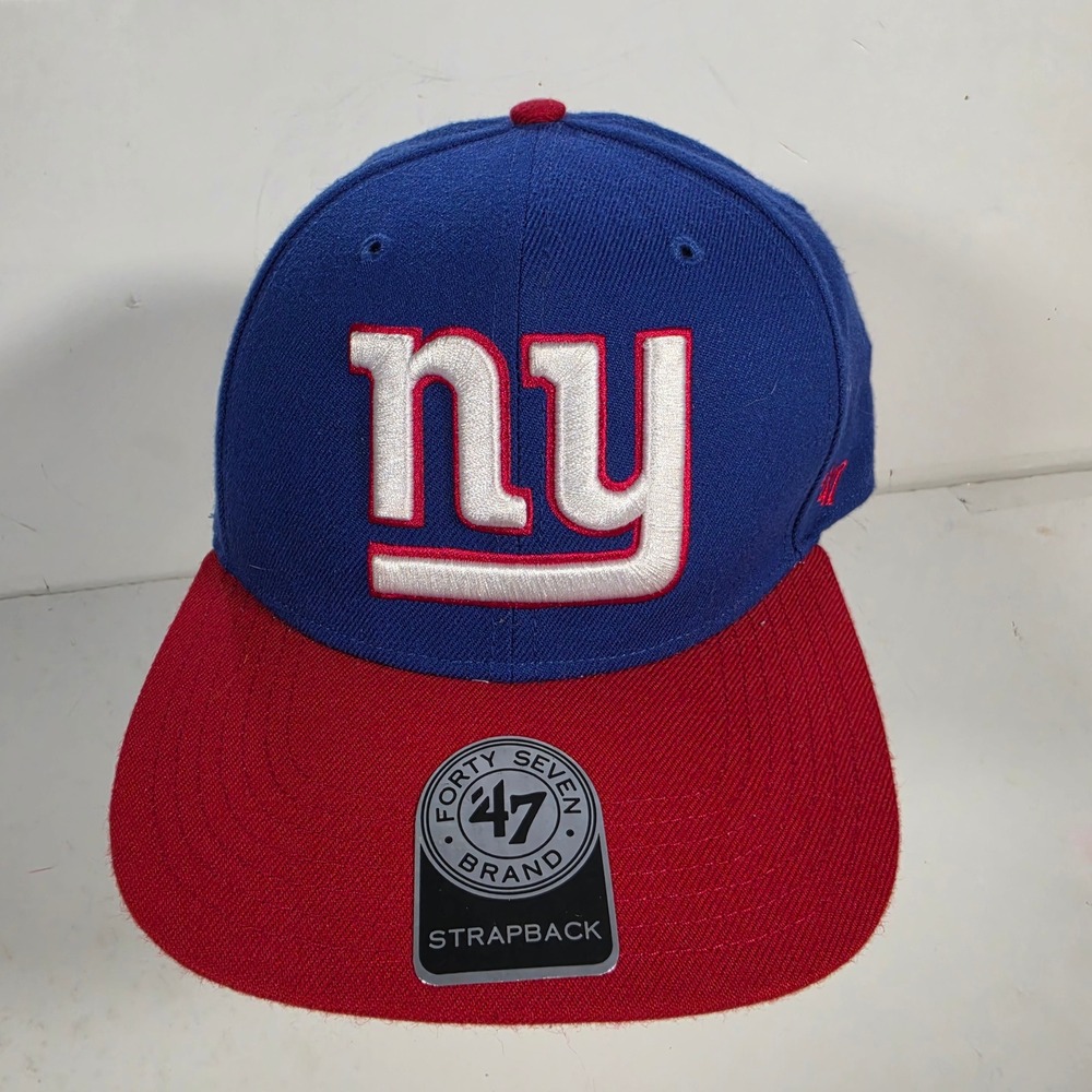 47 Brand New York Giants NFL Strapback Hat Blue Red Flat Brim NY Logo Cap